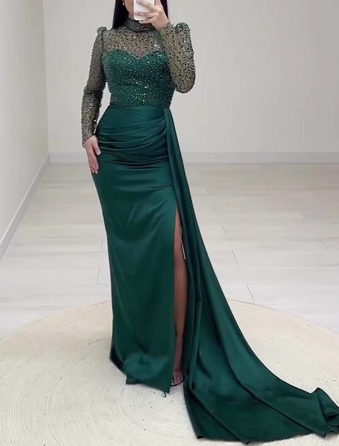 Abito da sera a trapezio, natalizio, con spacco alto, formale, con strascico a ruota, manica lunga, collo alto, raso con spacco arricciato e glitter